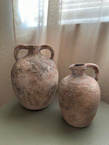 Set of 2 Distressed Textured Terracotta Decorative Vases