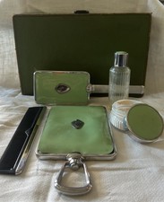 Antique Art Deco Vanity Set in its Original Case. Green Bakelite - Celluloid