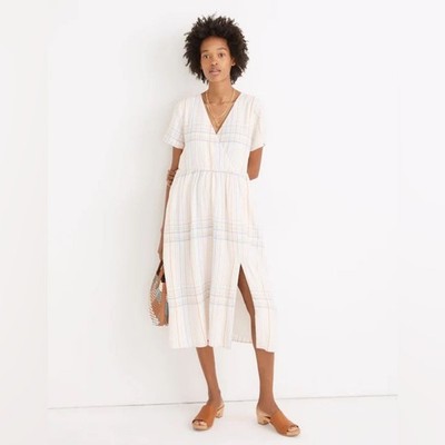 Madewell Petite Linen-Blend Clara Midi Dress in Plaid