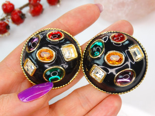 BLANCA 80S VTG GOLD ENAMEL MOGUL GLASS CABS CLIP EARRINGS DOMED RUNWAY CHUNKY XL