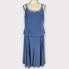 Alex Evenings Tea Length Dress Women's Petite 14P Blue Sequin Beaded Trim 