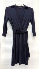 Ann Taylor Womens Navy Blue Wrap Dress Size 4 Belted V-Neck 3/4 Sleeve Work