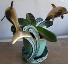 All Brass  2 Dolphin Table Top Display 11"x15" w Brass Bowl Ocean Sea Life