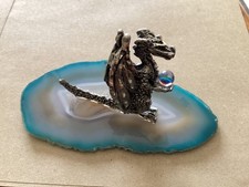 Pewter Dragon Figure with a ball Mounted on Polished Agate Quartz base