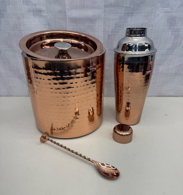 Pier 1 Imports Copper Hammered Metal Ice Bucket w/Mixer and Spoon Barware
