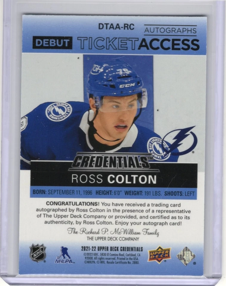 2021-22 Upper Deck Credentials Rookie Autograph Blue #DTAA-RC Ross Colton 30/35 - Image 2 of 2