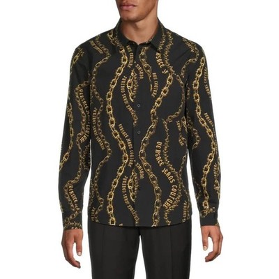 Versace Jeans Couture Long Sleeve Shirt Mens XL 46US Chain Logo Black Gold NWT