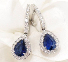 1.44ct Natural Round Diamond Sapphire 14K White Gold Anniversary Hoops Earrings