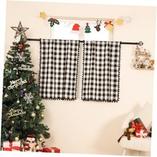 Pom-pom Buffalo Check Tier Curtains 36 26"W x 36"L Pack of 2 Black/White