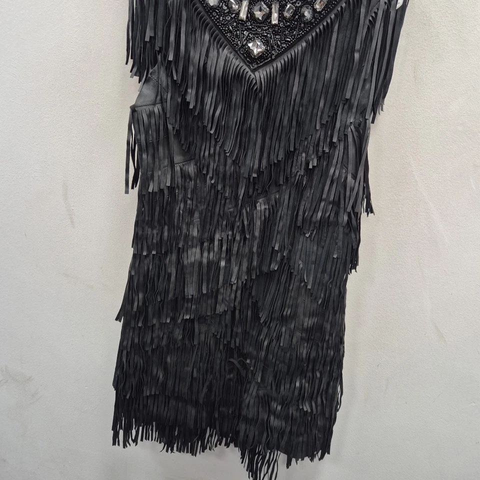 All Saints Leather Dress Marail Jewel Tassel Fringe Embellished Black Size Uk 12 - Image 3 of 4