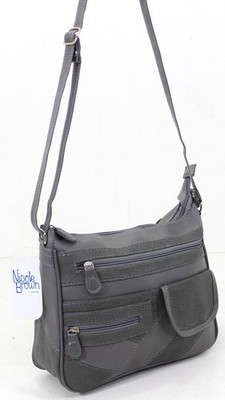 Umhängetasche Damen Frauen schwarz PU Leder langer Schulterriemen Handtasche grau