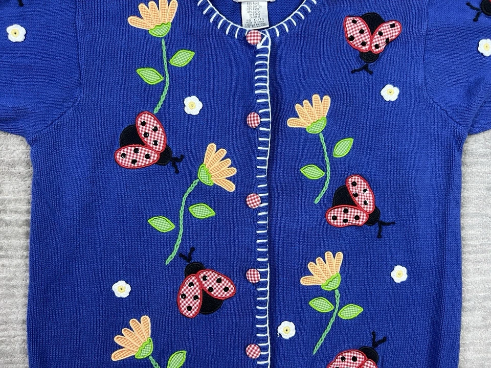 Suéter Mandal Bay Mujer XL Azul Manga Corta Cárdigan Ladybug Flores Foto 4 de 4