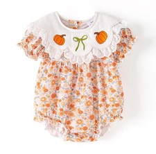 NEW Boutique Pumpkin Embroidered Lace Baby Girls Bubble Floral Romper Jumpsuit