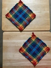 Handmade 2 LARGE 8 1/2 inch Cotton Woven Potholders 8 Bright Colors Fiesta Gift