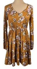 Hem & Thread Tiered Mini Dress Gold Floral S Small Long Sleeve