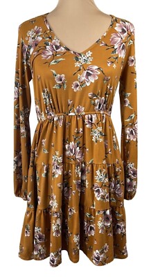 Hem & Thread Tiered Mini Dress Gold Floral S Small Long Sleeve