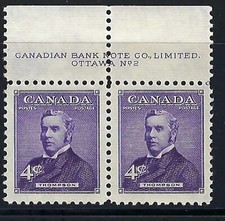 CANADA - SCOTT 349 - VFNH - PAIR PLATE # 2 - PRIME MINISTERS -JOHN THOMPSON 1954