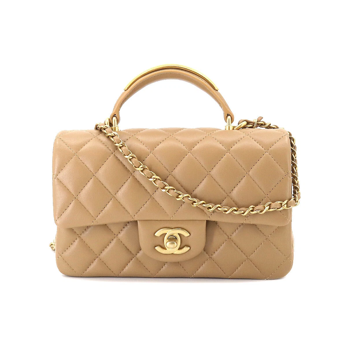 CHANEL Matelasse Top Handle Mini Flap Hand Shoulder Bag Camel AS2431  90198174