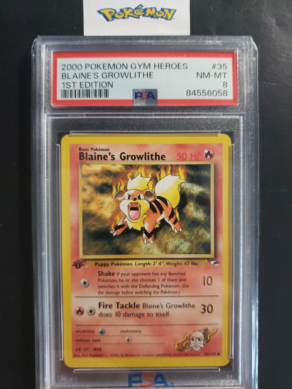 First Edition 2000 Pokemon Gym Heroes 35/132 Blaine's Growlithe PSA NM-MT 8