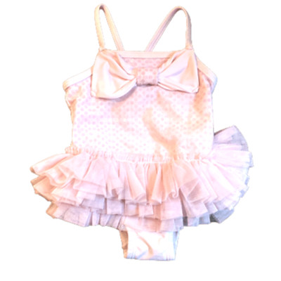 Little Me Swimsuit Pink Tutu One Piece  Bow Front Sparkle Bodice Size 12 M
