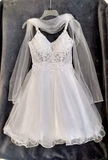 May Queen Couture Formal White Dress Girls Size 4 Straps With Sheer Shawl