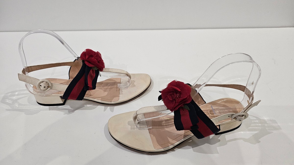 GUCCI Web Flower Ivory Leather T-Strap Thong Sandals 37