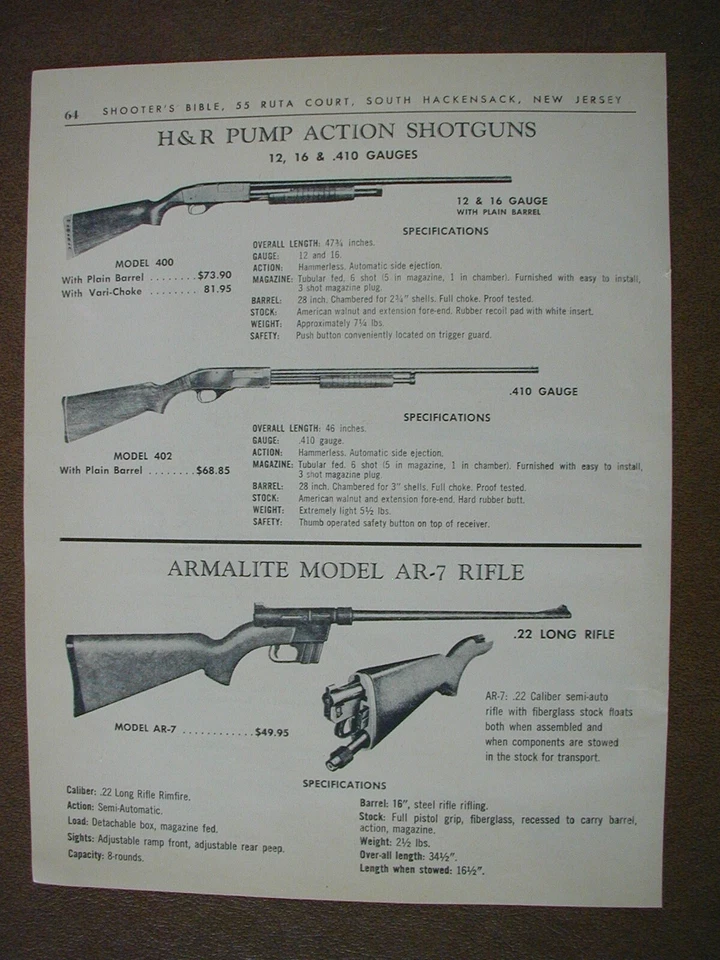 1964 H & R Escopetas 158, 490 Armalite AR-7 Rifle 2 lados Vintage Impreso Anuncio 60-63 Foto 2 de 2