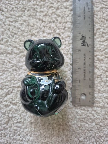 Vintage! Fenton Glass Bear Figurine-Green with hand painted details by "P. Lane"