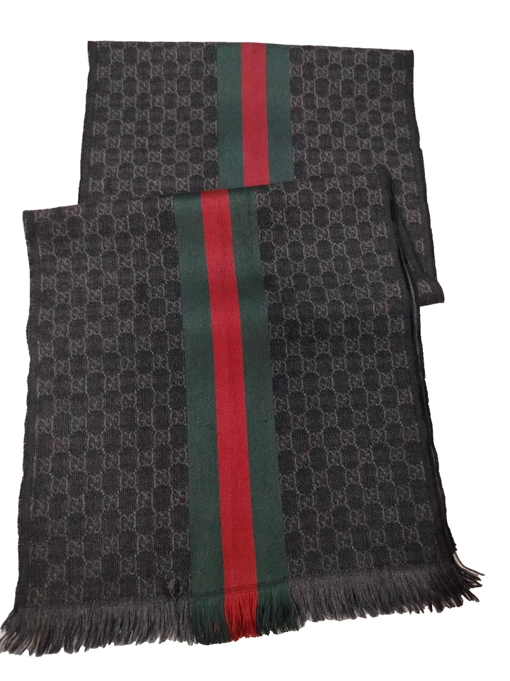 GUCCI women's Wool silk Scarf Shawl Stole wrap Made in Italy GG Striped Black - Image 3 of 4