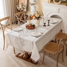 Cotton Linen Tablecloth, Heavy Weigh Embroidery Table Cloth for Rectangle