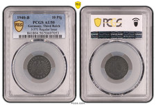 PCGS AU50 10 Pfennig 1940 B SWASTIKA Germany Third Reich J-371 Zinc Coin WW2 Pfg