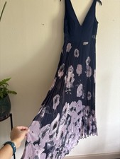 Xscape Womens 8 Navy Pink Floral Pleated Midi Dress Sleeveless V-Neck