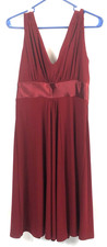 Jones Wear Dress Solid Burgundy Plunge V-Neck Front & Back Satin Empire Waist 8