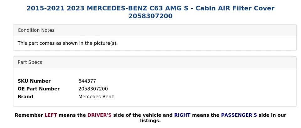 Mercedes-Benz C63 AMG S 2015-2021 2023 - Cubierta de filtro de aire de cabina 2058307200 Foto 4 de 4