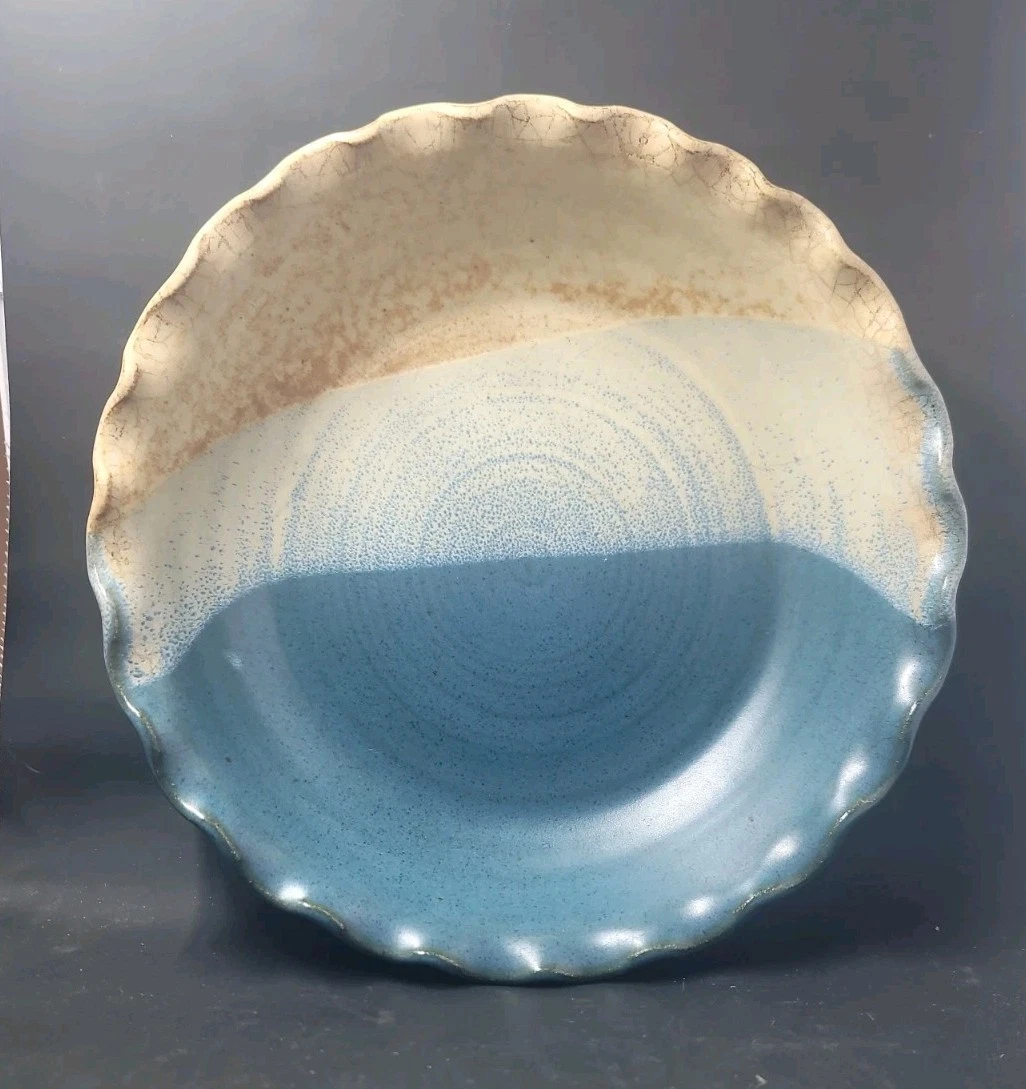 Vintage Pottery Deep Dish Pie Plate Glazed Stoneware ~ 10” Handmade Signed