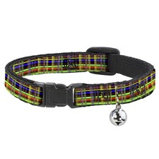 Cat Collar Breakaway with Bell Plaid Black/Multi Neon NARROW Fits 8.5-12"