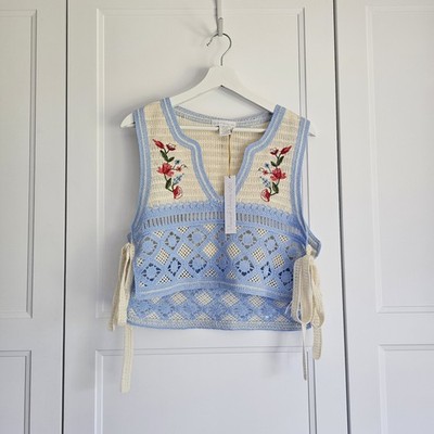 House of Harlow 1960 Blue & Cream Crochet Embroidered Knit Vest bow ties $79