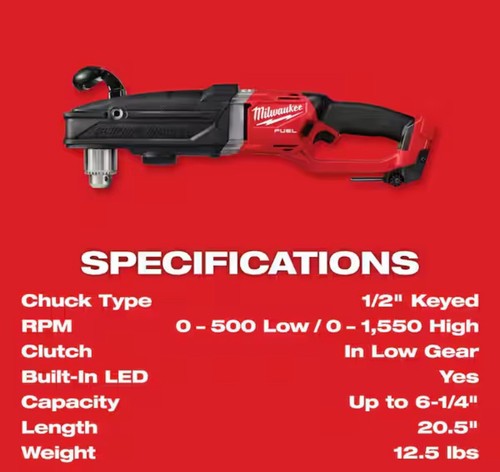 Milwaukee 2809-20 M18 Fuel 18V 1/2 Inch Super Hawg Right Angle Drill Bare Tool - Picture 6 of 7