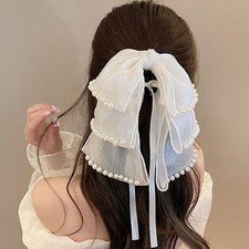 Large Hair Bow for Women Long Satin Silk Knot Hair Claw Clips Lace Black Tull...