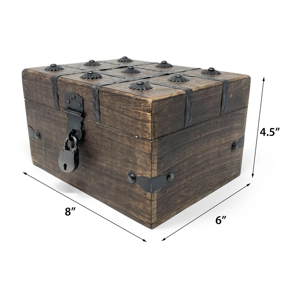 Caixa de madeira baú do tesouro com trava de ferro antiga e chave de esqueleto (pequena 8x6x... - Imagem 2 de 4