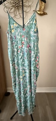 LoveStitch Floral Maxi Dress Womens S/M Boho Sleeveless Green Rayon Pockets