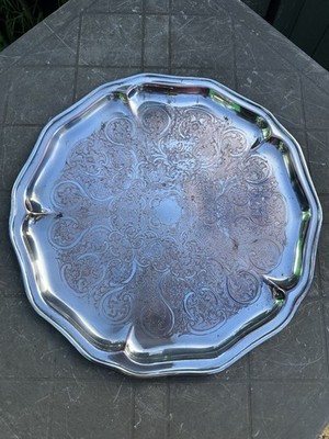 Vintage Silber Teller Serviertablett mit gewellten Kanten & Akanthus Design 13 3/4 