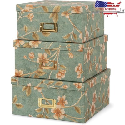Decorative Storage Boxes Set of 3 Cardboard Nesting Boxes W/ Lids Gold Labels US