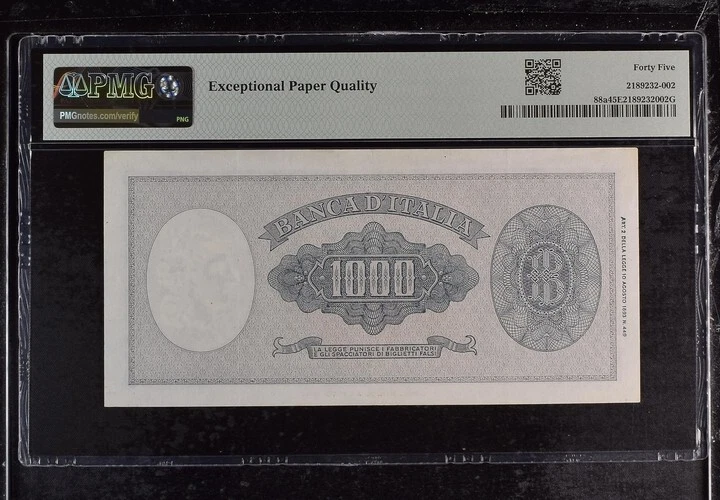 Italy, Banca d'Italia, 1000 Lire 1948 - Seal Type BPMG Graded XF 45 EPQ - Image 2 of 2