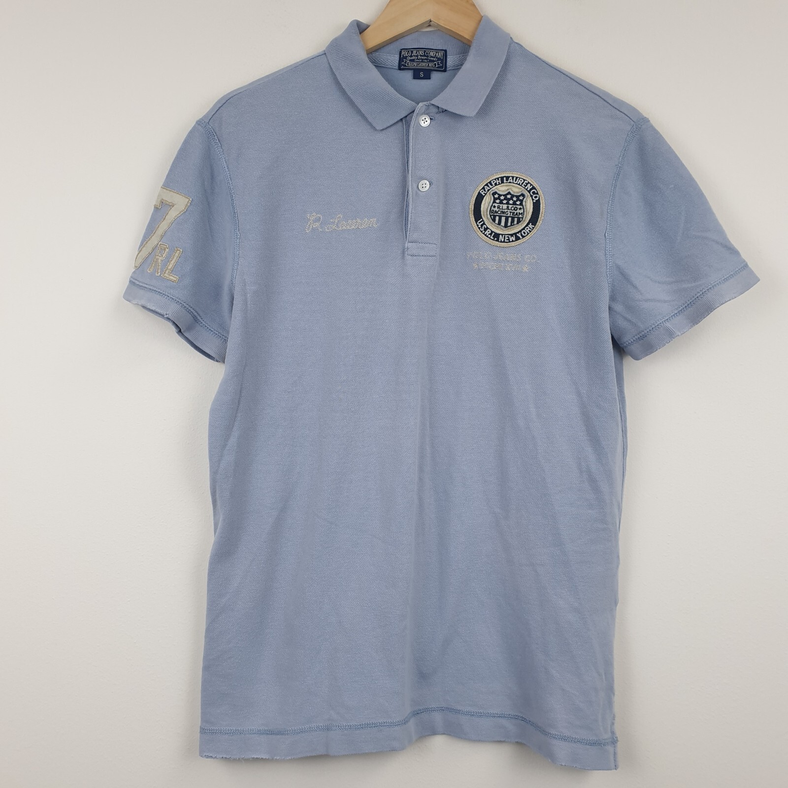 Polo Jeans Company Polo Shirt Mens Blue Ralph Lauren Racing Vintage Shield Logo