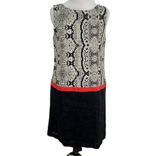 LOFT Linen Shift Dress Size 6 Black Animal Print Lined Sleeveless Old Money