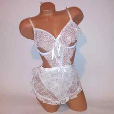 Victoria Secret Lingerie Teddy One Piece Bodysuit White Lace Apron Style Open