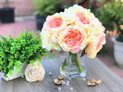 Artificial Mixed Peony Hydrangea Faux Flower Arrangement w Glass Vase Faux Water - Picture 6 of 11