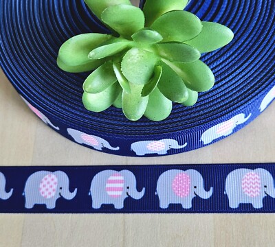 7/8'' (1 YD) Elephant Grosgrain Ribbon Grey Elephant Pink Chevron Print Ears