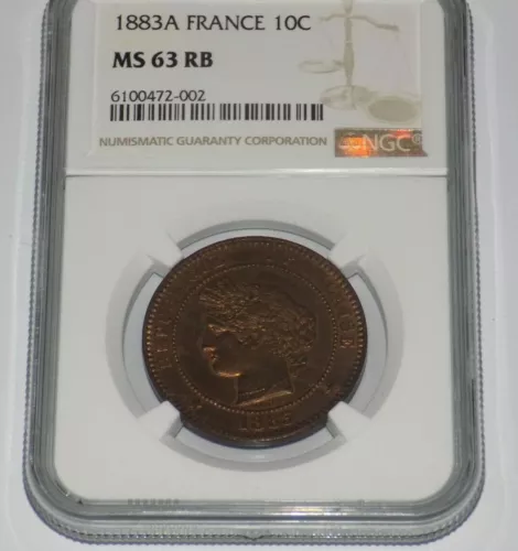 1883A FRANCE 10C 10 CENTIMES NGC MS 63 RD MS63 Certified Graded French UNC Coin 
